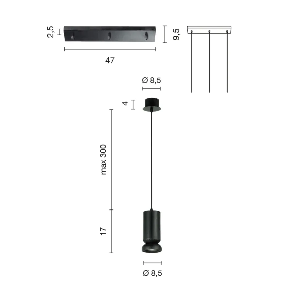 Llambadar me 3 LED në alumin të veshur me pluhur dhe kabllo të rregullueshme - Buxus Viadurini
