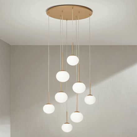 Llambadar me 8 LED në metal të lyer me ar dhe xham të fryrë - Ailanto Viadurini