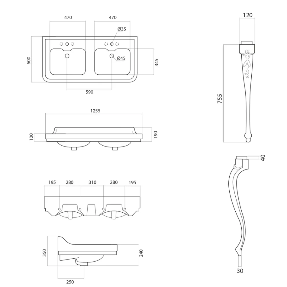 Lavaman konsol në qeramikë të bardhë me legen të dyfishtë të prodhuar në Itali - Wollie Viadurini