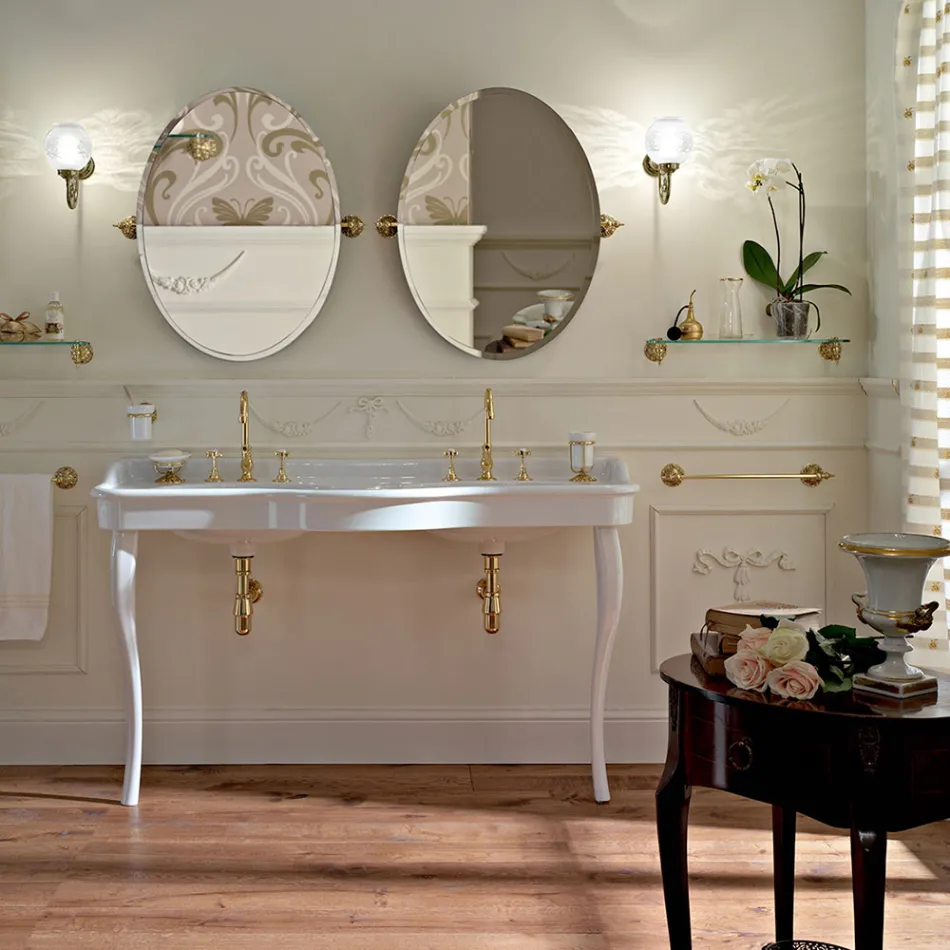 Lavaman konsol Vintage me tas të dyfishtë dhe këmbë qeramike Prodhuar në Itali - Paulina Viadurini