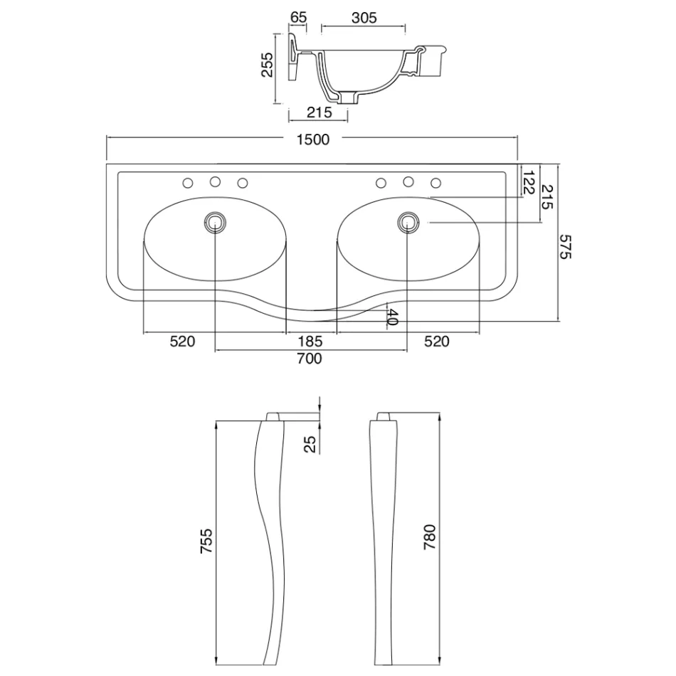 Lavaman konsol Vintage me tas të dyfishtë dhe këmbë qeramike Prodhuar në Itali - Paulina Viadurini