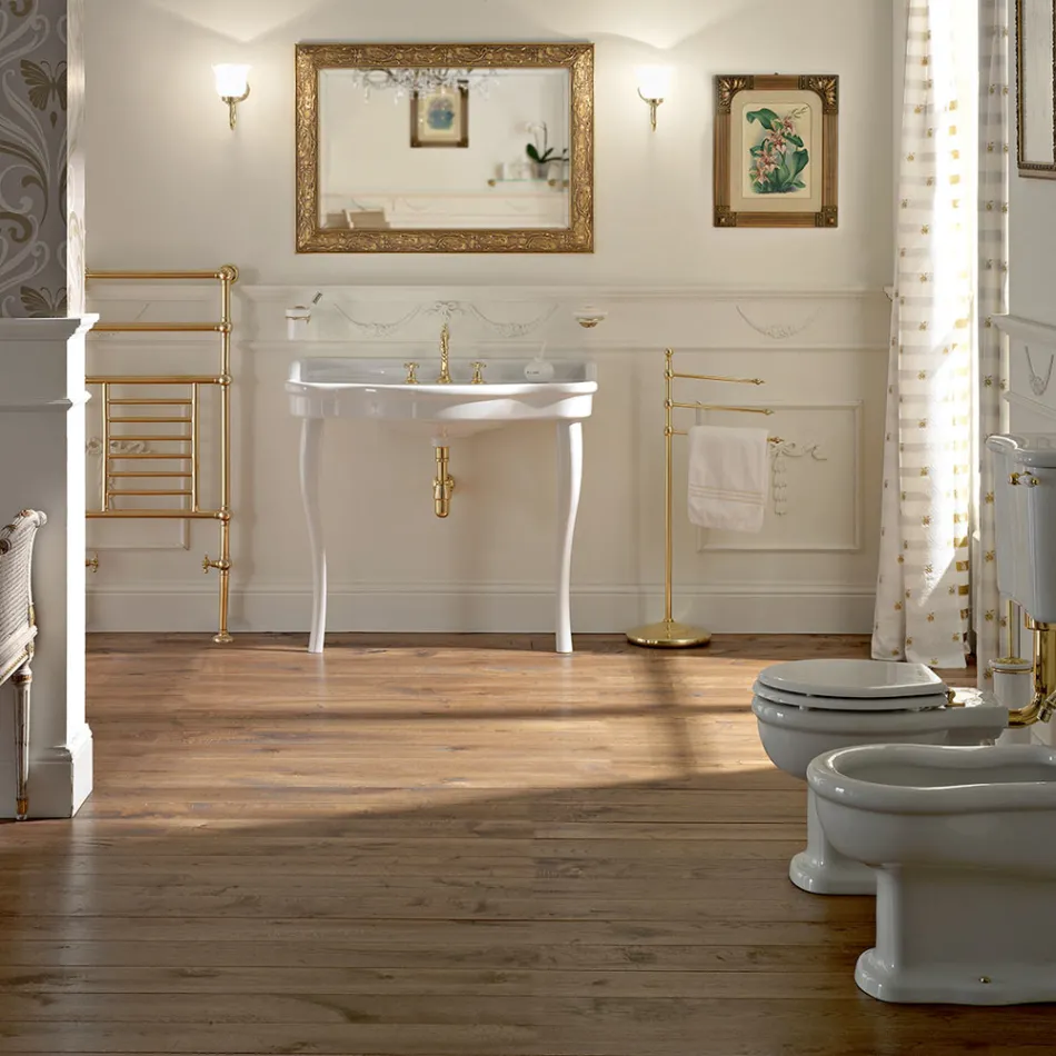 Lavaman konsol Vintage me tas të dyfishtë dhe këmbë qeramike Prodhuar në Itali - Paulina Viadurini