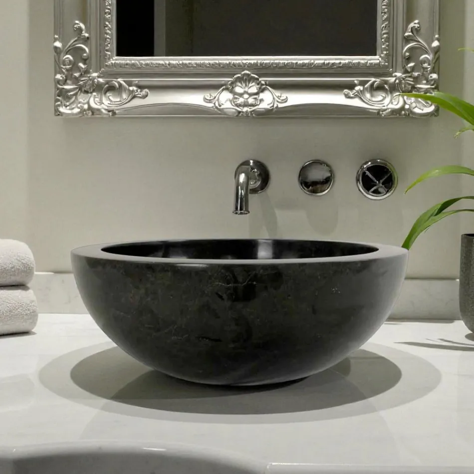 Lavaman i countertopit të rrumbullakët të zi në gur natyral Levi, pjesë unike Viadurini