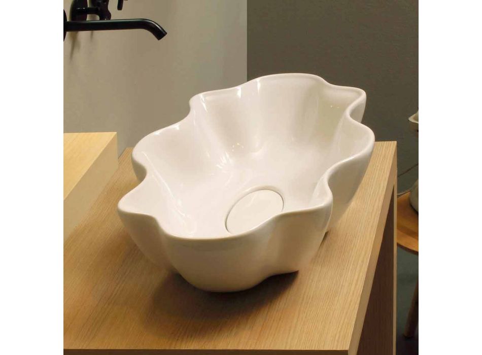Larje banjo countertop moderne në qeramikë të bardhë të bërë në Itali Cubo Viadurini