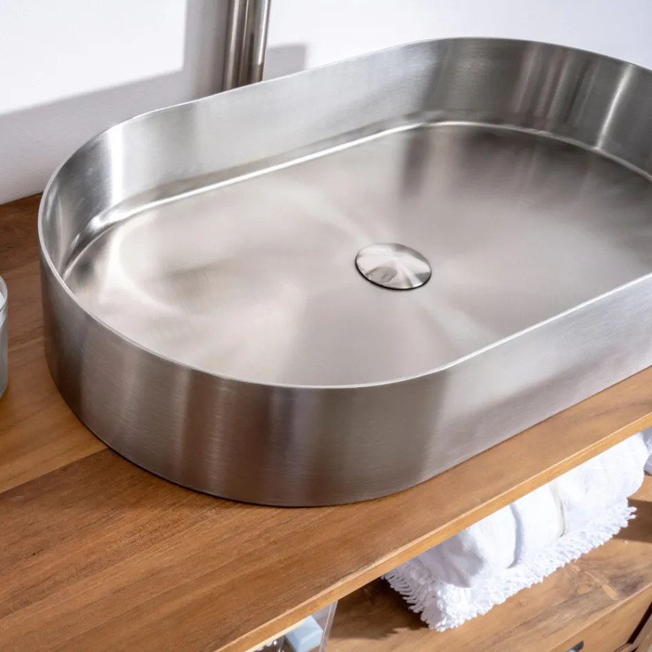 Lavaman ovale countertop në çelik inox me veshje të ndryshme - Anemone Viadurini