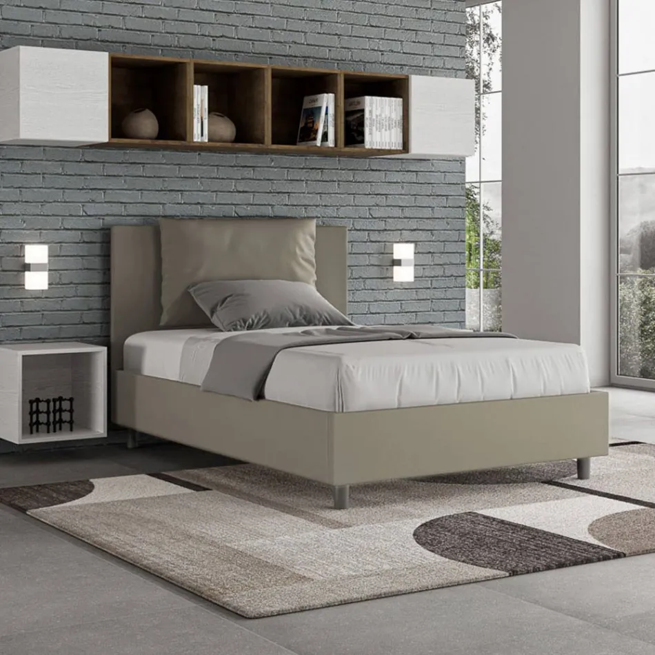 Krevat 120x200 cm me kokë koke dhe jastëkë lëkure artificiale të prodhuar në Itali - Olimpiadi Viadurini