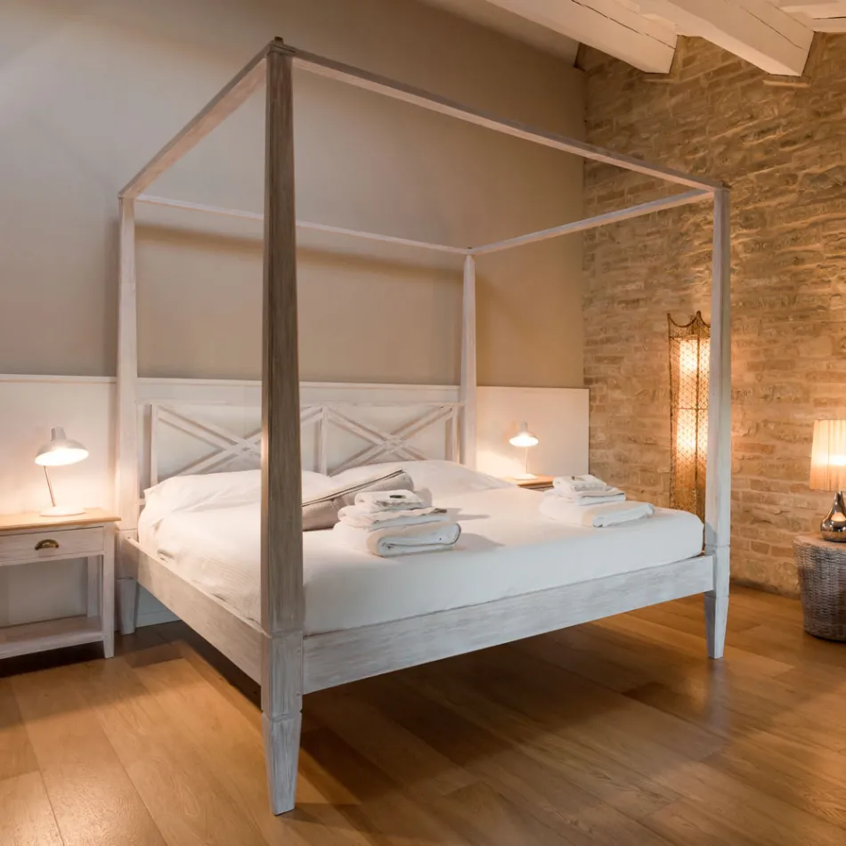 Krevat Dopio 160x200 me Tendë në Dru Tiku të Fortë - Bojëra Akuarel Viadurini