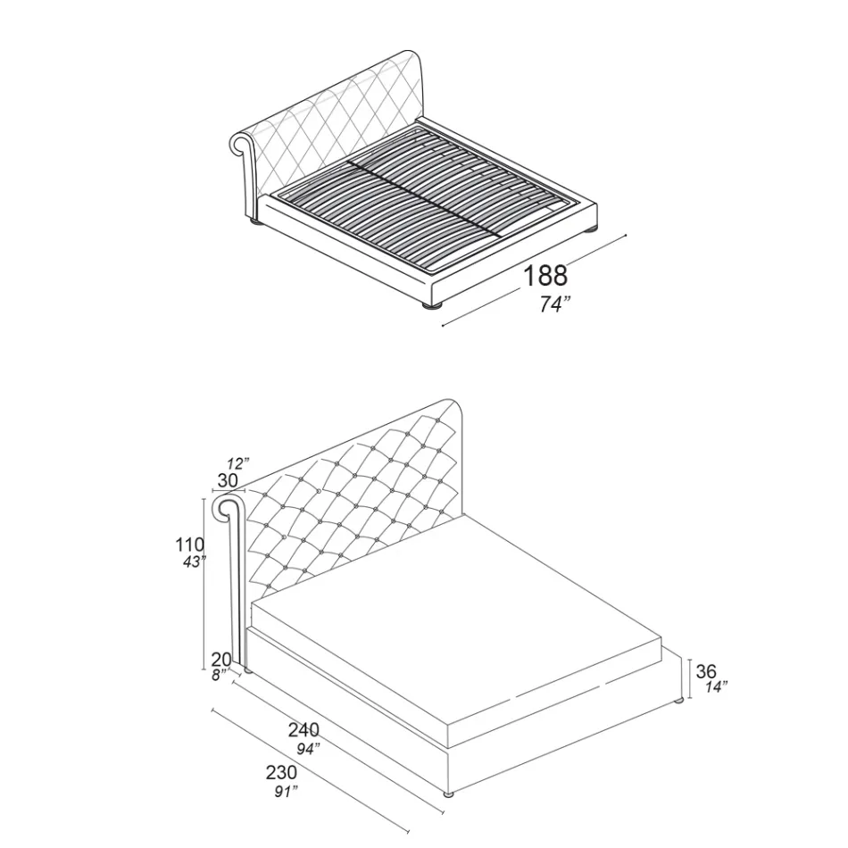 Krevat dopio me mbushje capitonné dhe këmbë druri - Briosco Viadurini