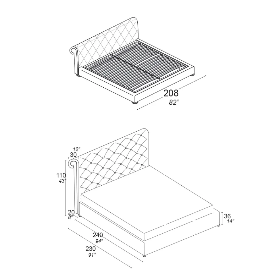 Krevat dopio me mbushje capitonné dhe këmbë druri - Briosco Viadurini
