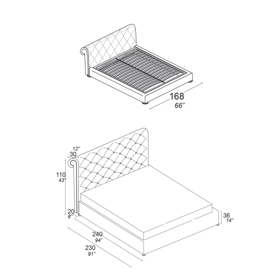 Krevat dopio me mbushje capitonné dhe këmbë druri - Briosco Viadurini