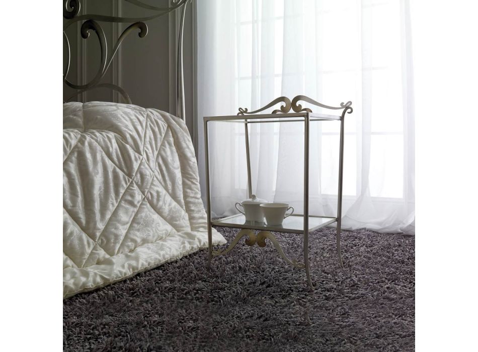 Krevat dopio prej lëkure origjinale me dyshek dhe 2 komodina - King Viadurini