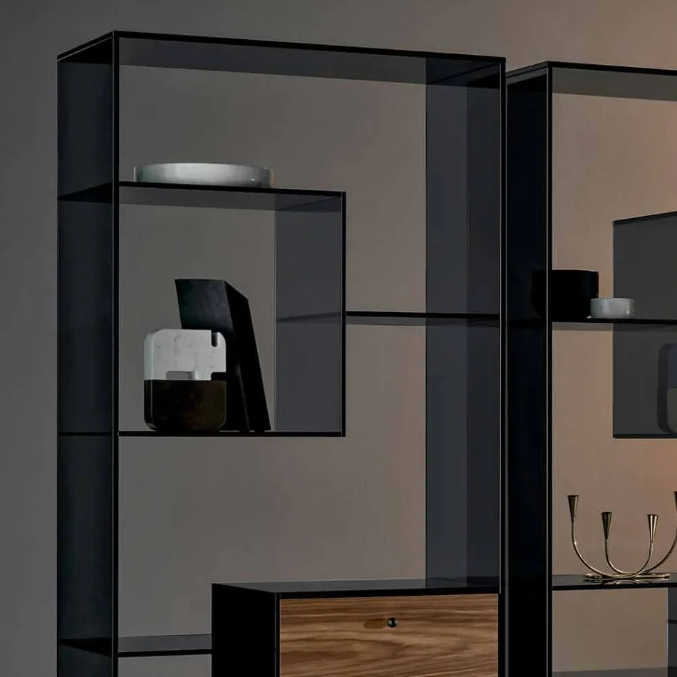 Raft librash në gotë të tymosur me sirtar druri me arrë Canaletto Dizajn Italian - Linzy Viadurini