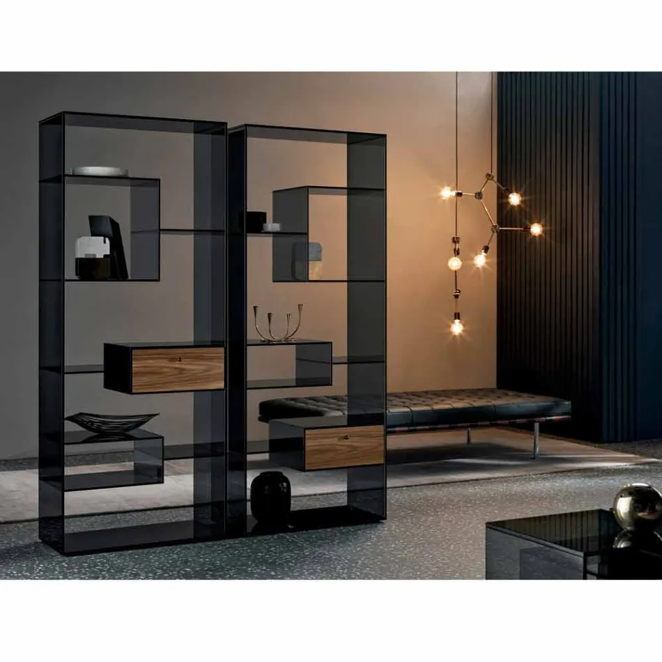 Raft librash në gotë të tymosur me sirtar druri me arrë Canaletto Dizajn Italian - Linzy Viadurini