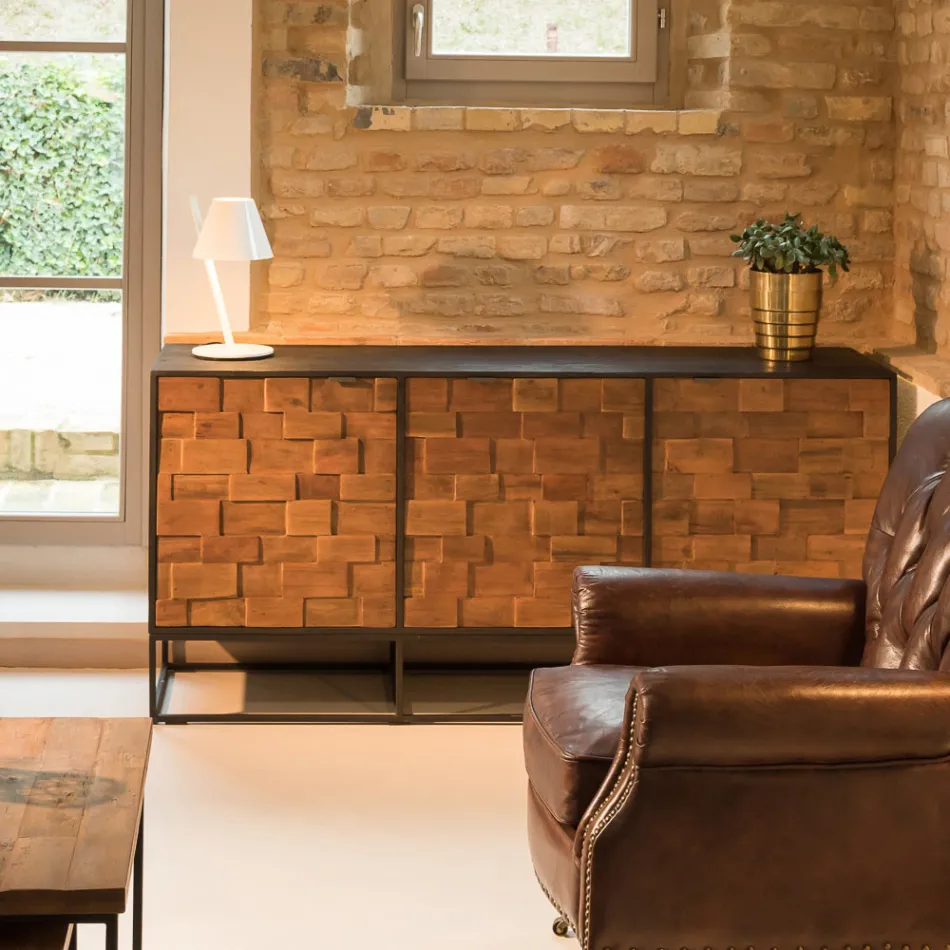 Tabela bufe me 3 dyer në strukturë druri dhe metali të ricikluar me lara-lara - rrëshqitje Viadurini