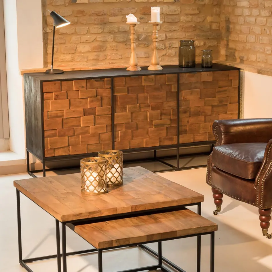 Tabela bufe me 3 dyer në strukturë druri dhe metali të ricikluar me lara-lara - rrëshqitje Viadurini