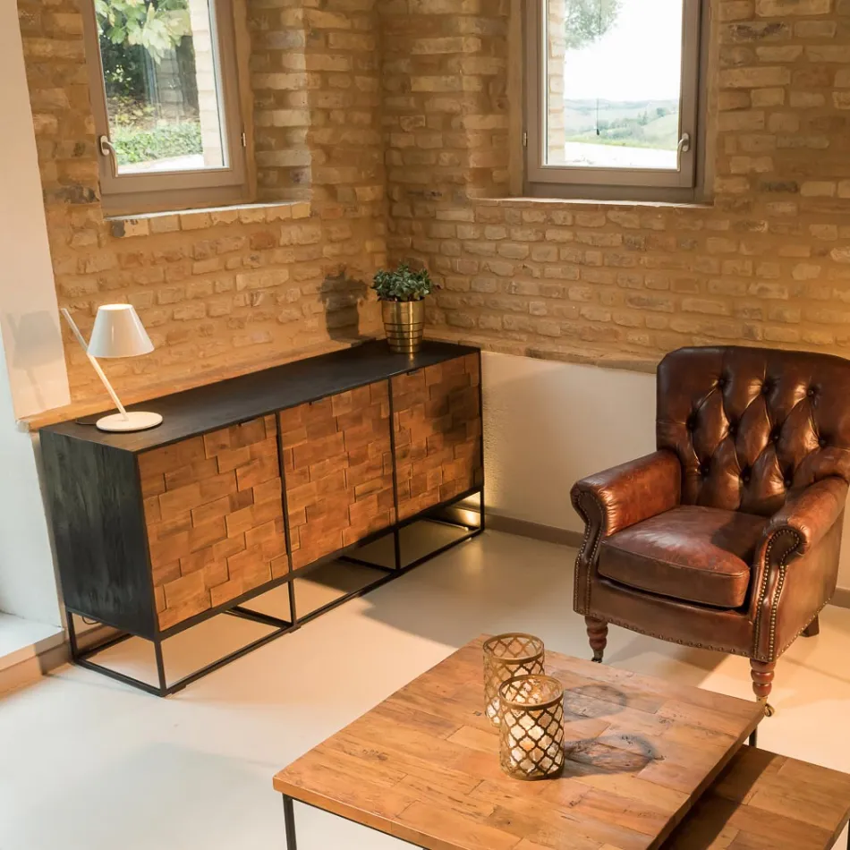 Tabela bufe me 3 dyer në strukturë druri dhe metali të ricikluar me lara-lara - rrëshqitje Viadurini