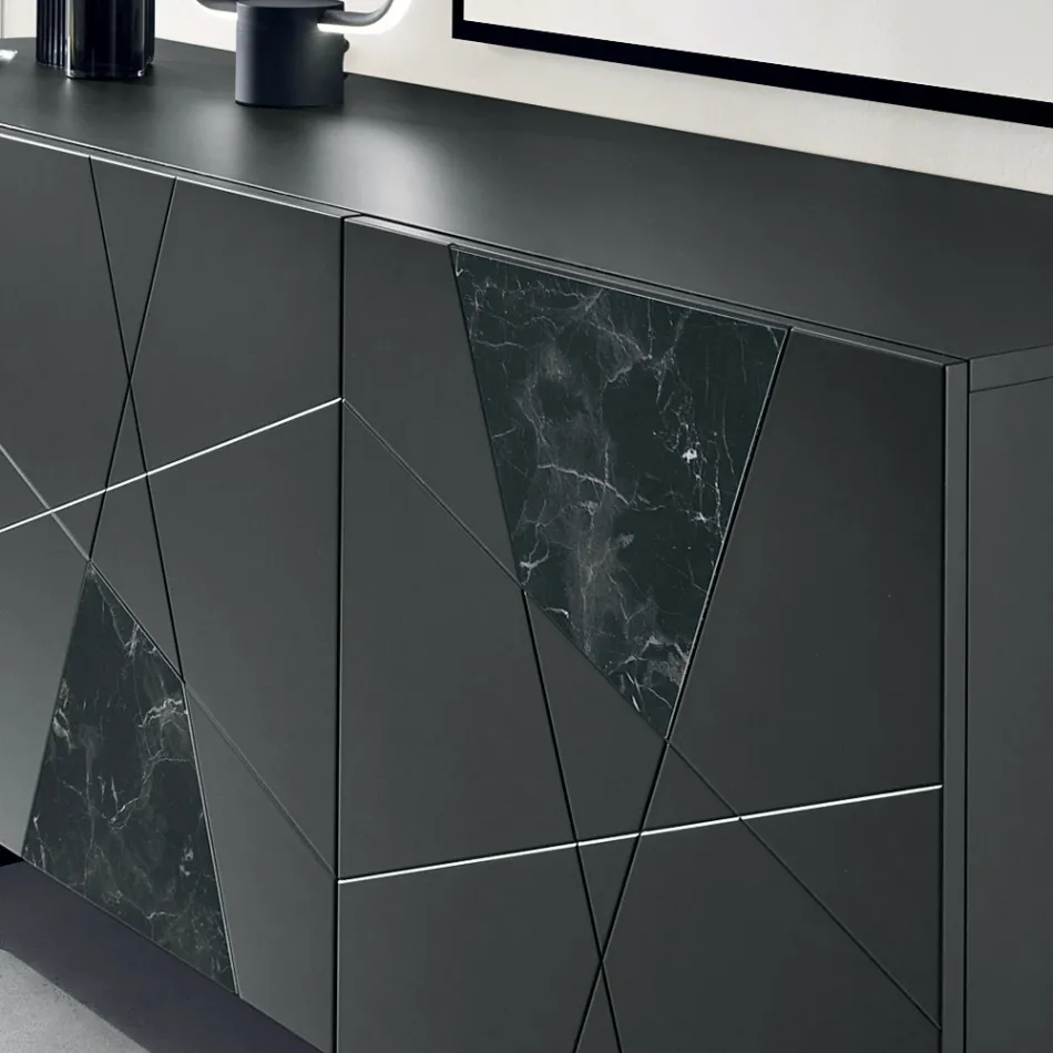 Bufe me 3 Dyer në MDF të llakuar me Pantograf dhe Futje Xhami me Efekt Mermeri - Danila Viadurini