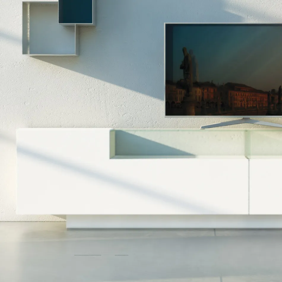 Bufe në Mdf të Bardhë me Këllëf Xhami dhe Bazë Plinte Prodhuar në Itali - Kisha Viadurini