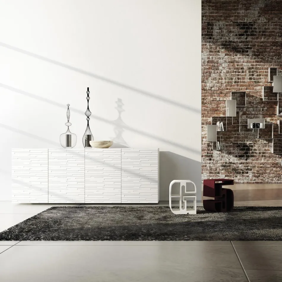 Tabela në Mdf me llak të bardhë mat me dyer të zbukuruara Prodhuar në Itali - Chicago Viadurini