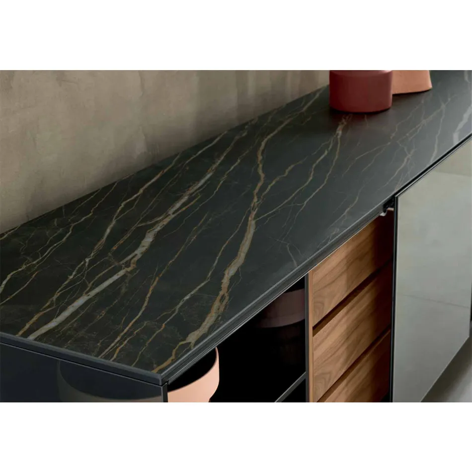 Salloni anësor i dhomës së ndenjes prej qelqi të tymosur me dyer të pasqyruar prej bronzi të bëra në Itali - Silly Viadurini