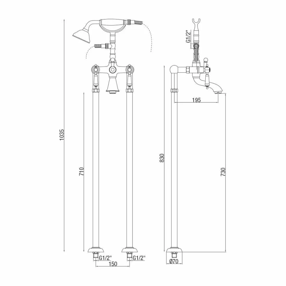 Mikser kolone për vaskë me dush në tunxh prodhuar në Itali - Shelly Viadurini