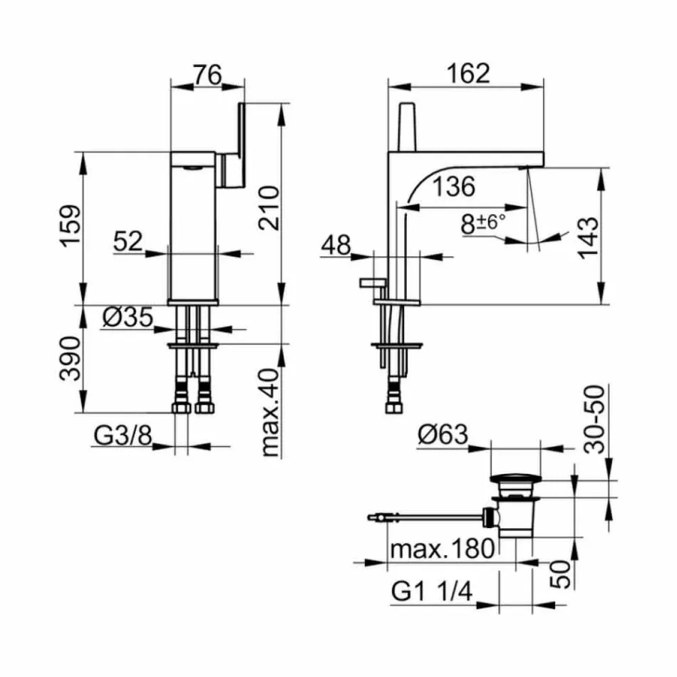 Mixer Modern Pellgu me një levë me Drain Metal - Etto Viadurini