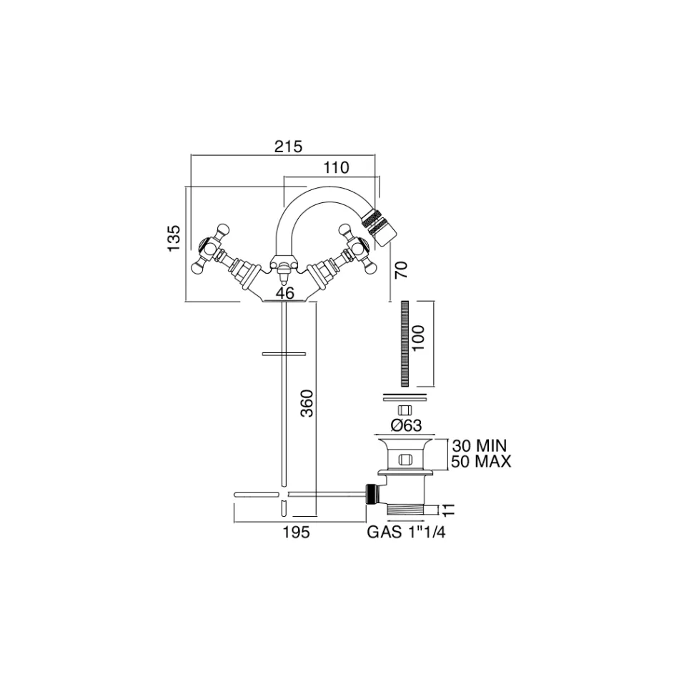Përzierëse bidete me një vrima vintage në tunxh Prodhuar në Itali - Elisea Viadurini