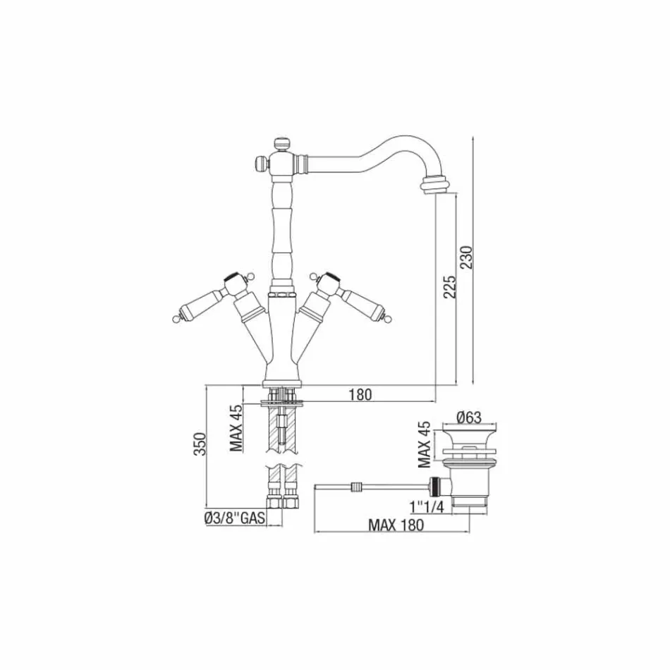 Përzierës me një vrimë për lavaman klasik në tunxh prodhuar në Itali - Shelly Viadurini
