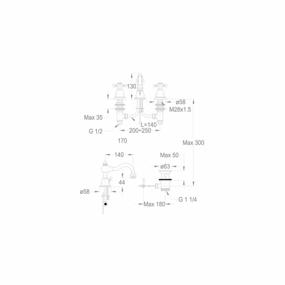 3-Vrima Basin Mixer 130 mm Lartë në tunxh Prodhuar në Itali - Binsu Viadurini