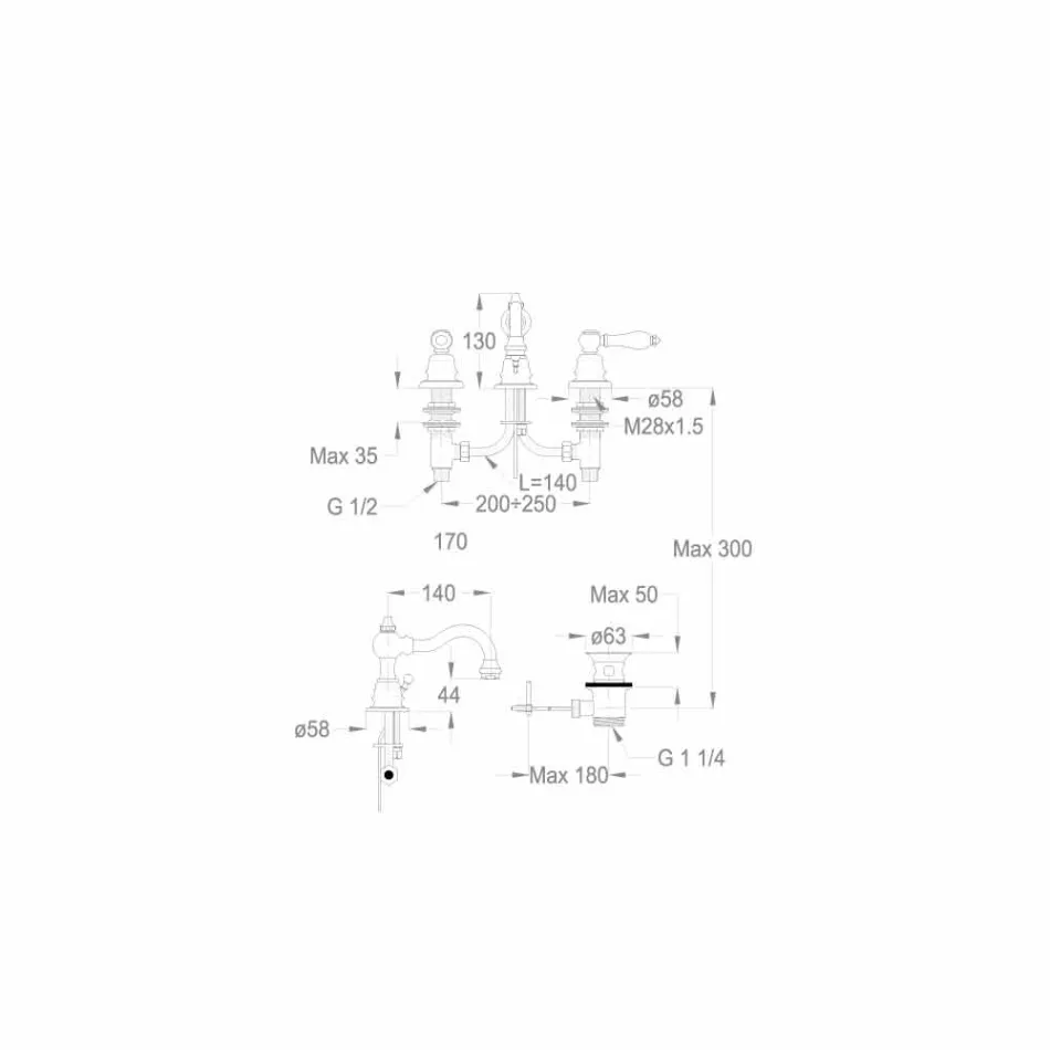 Mikser lavamani banjo prej bronzi 3-vrima prodhuar në Itali - Binsu Viadurini