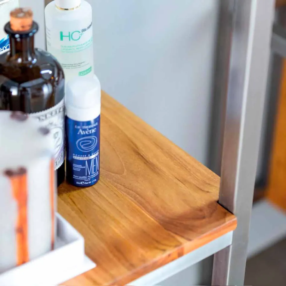 Kabineti i banjës me kolona në dru tik dhe çeliku me 4 rafte të hapura - Tamburino Viadurini