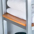 Kabineti i banjës me kolona në dru tik dhe çeliku me 4 rafte të hapura - Tamburino Viadurini