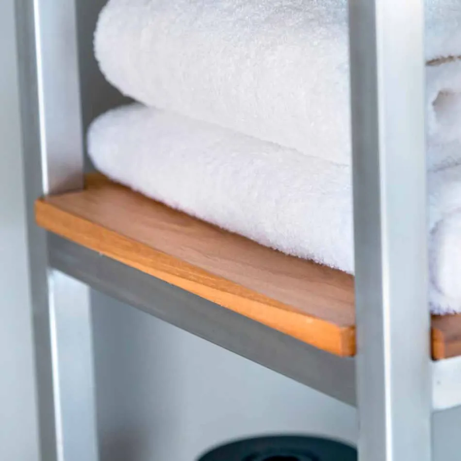 Kabineti i banjës me kolona në dru tik dhe çeliku me 4 rafte të hapura - Tamburino Viadurini