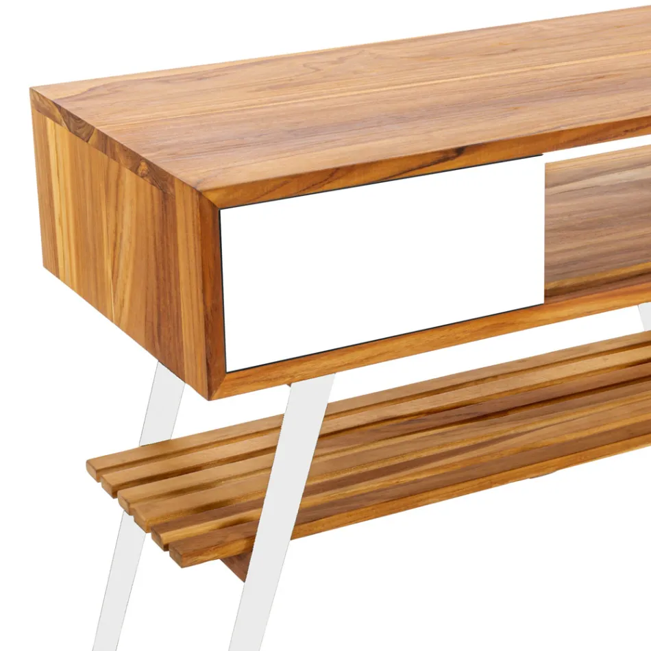 Kabineti banjosh i bardhë në dysheme me dru tik natyral me sirtarë me ngjyra - Benoit Viadurini