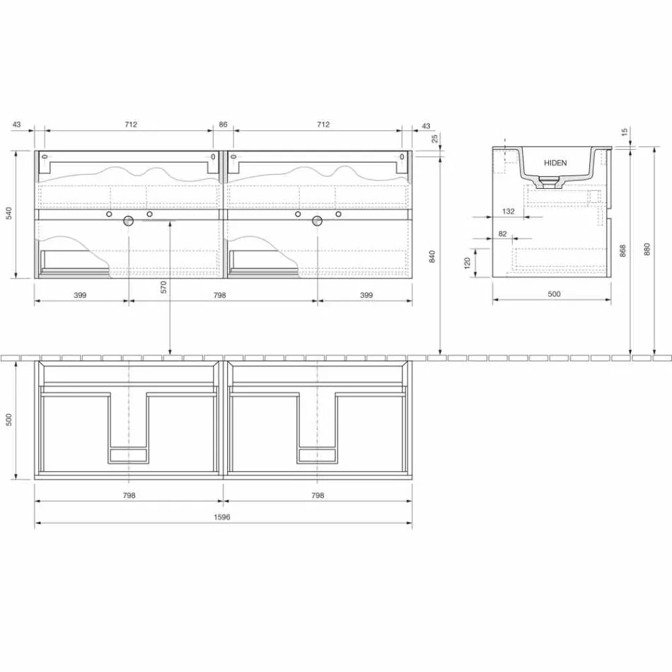 Kabineti i banjës me lavaman të dyfishtë, dizajni modern i pezulluar në 4 përfundime - Double Viadurini