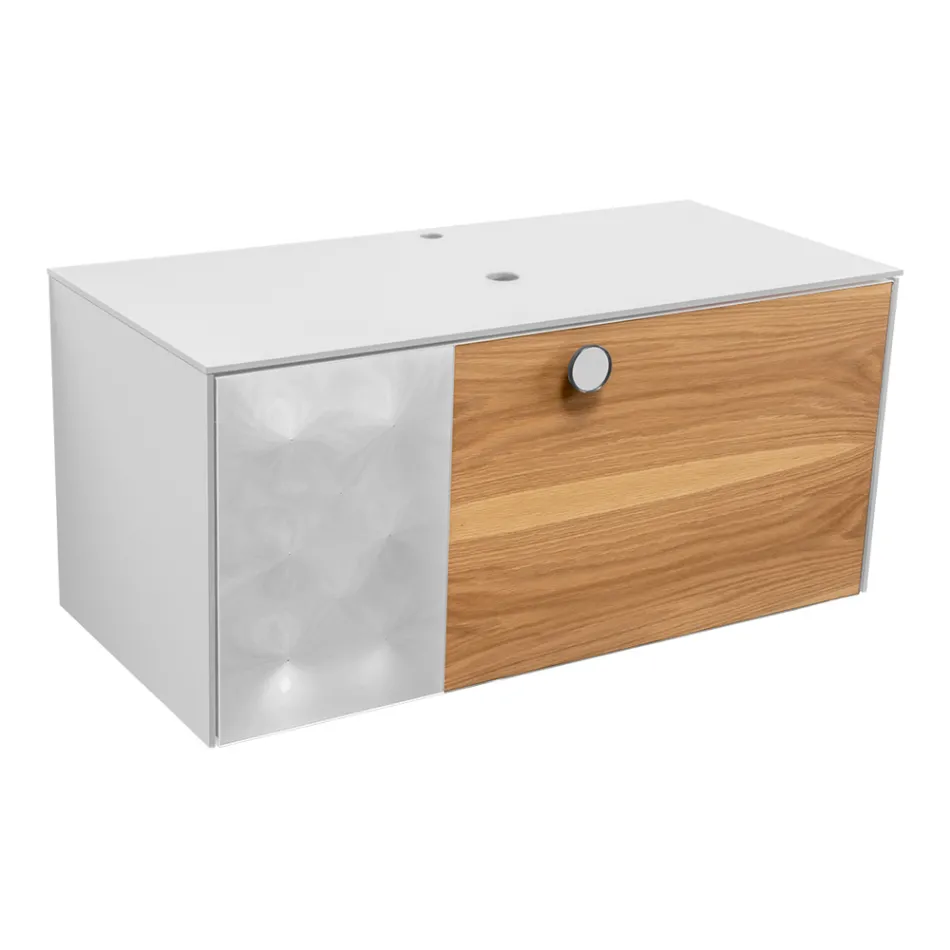 Dollap Banjo i Varur në Mur 100 cm prej Qelqi të Temperuar 8 mm dhe Lisi Europian - Excelsior Viadurini