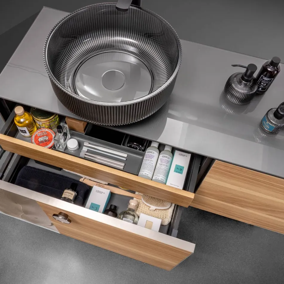 Dollap Banjo i Varur në Mur 160 cm prej Qelqi të Temperuar 8 mm dhe Lisi Europian - Excelsior Viadurini