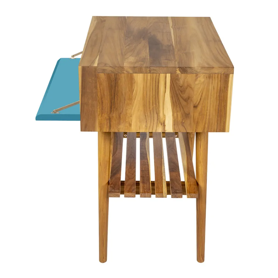 Dollap banjoje blu në dysheme me dru tik natyral me sirtar me ngjyra - Gatien Viadurini