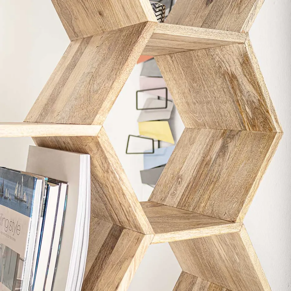 Raft librash të dhomës së ndenjes në dizajn Mango Wood Honeycomb - Carida Viadurini