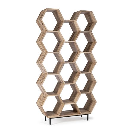 Raft librash të dhomës së ndenjes në dizajn Mango Wood Honeycomb - Carida Viadurini
