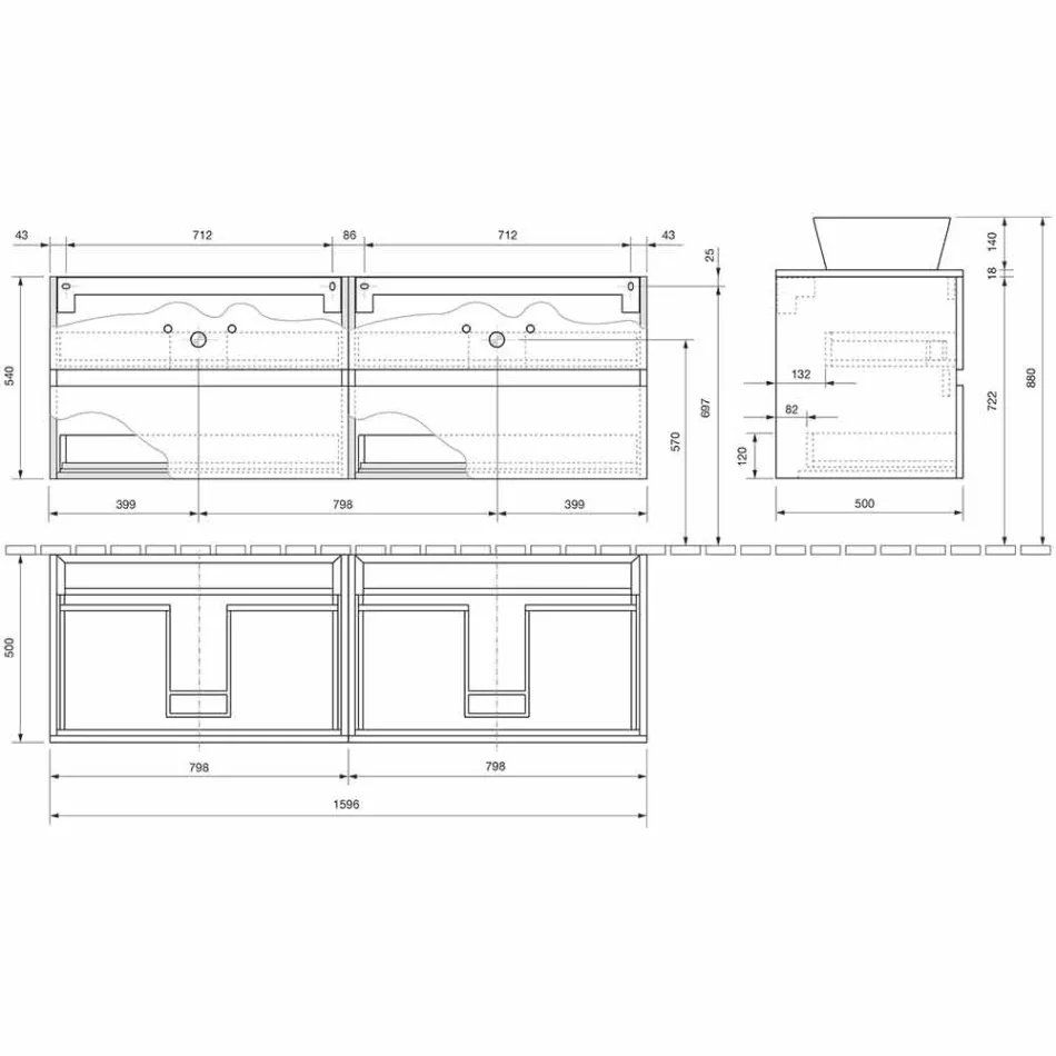 Dollap i ndërprerë i banjës me lavaman me countertop të dyfishtë - Mandrillo Viadurini