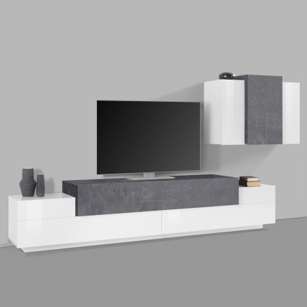 Mobilje të dhomës së ndenjes Stand TV dhe njësi muri Dru i bardhë me shkëlqim 3 Finish - Therese Viadurini