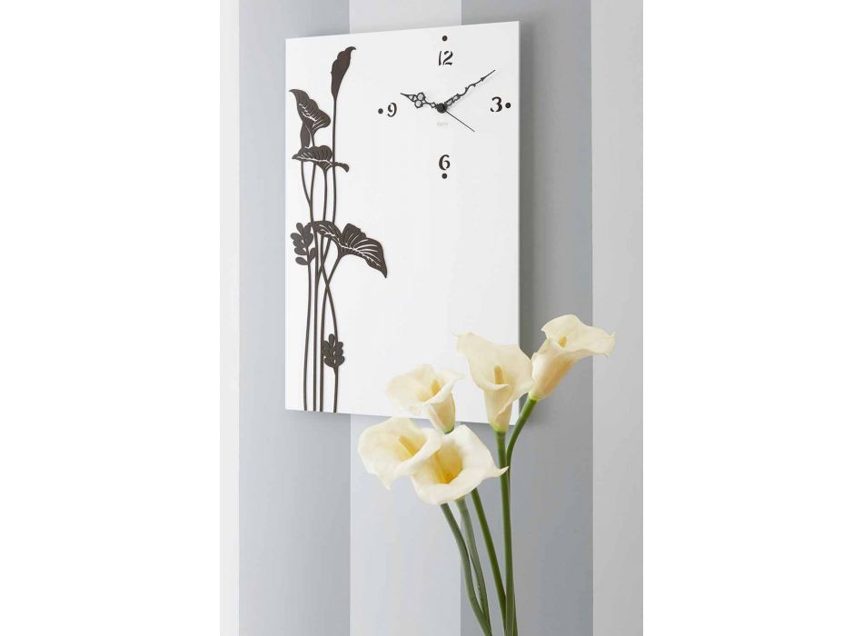 Ora moderne drejtkëndëshe e murit në dru të dekoruar me dekor të bardhë - Croco Viadurini