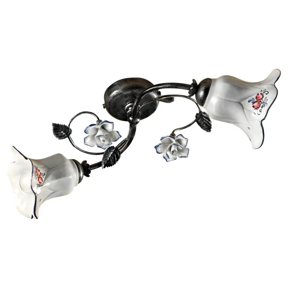 Llamba tavani me 2 drita metalike dhe qeramike me trëndafila të pikturuar me dorë - Pisa Viadurini