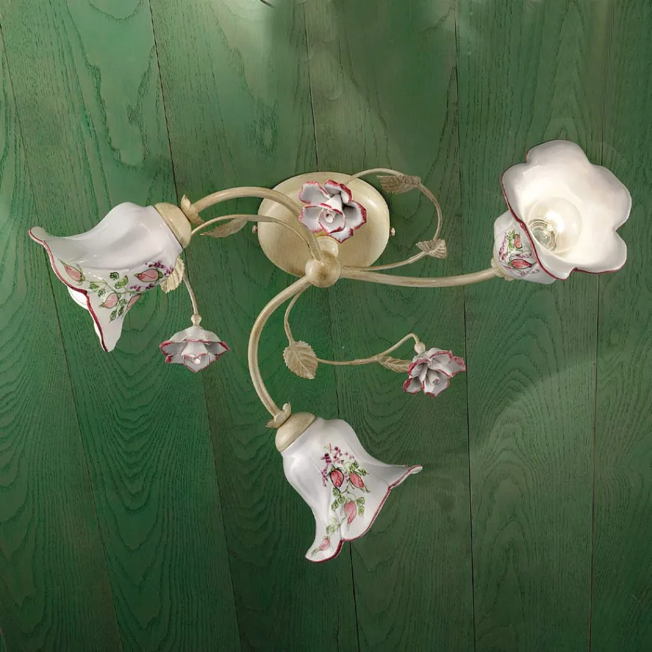 Llamba Tavani 3 Drita Me Tela E Kuqe E lyer me Dore Metal dhe Qeramike - Pisa Viadurini