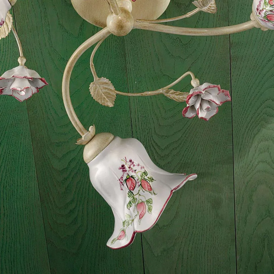 Llamba Tavani 3 Drita Me Tela E Kuqe E lyer me Dore Metal dhe Qeramike - Pisa Viadurini