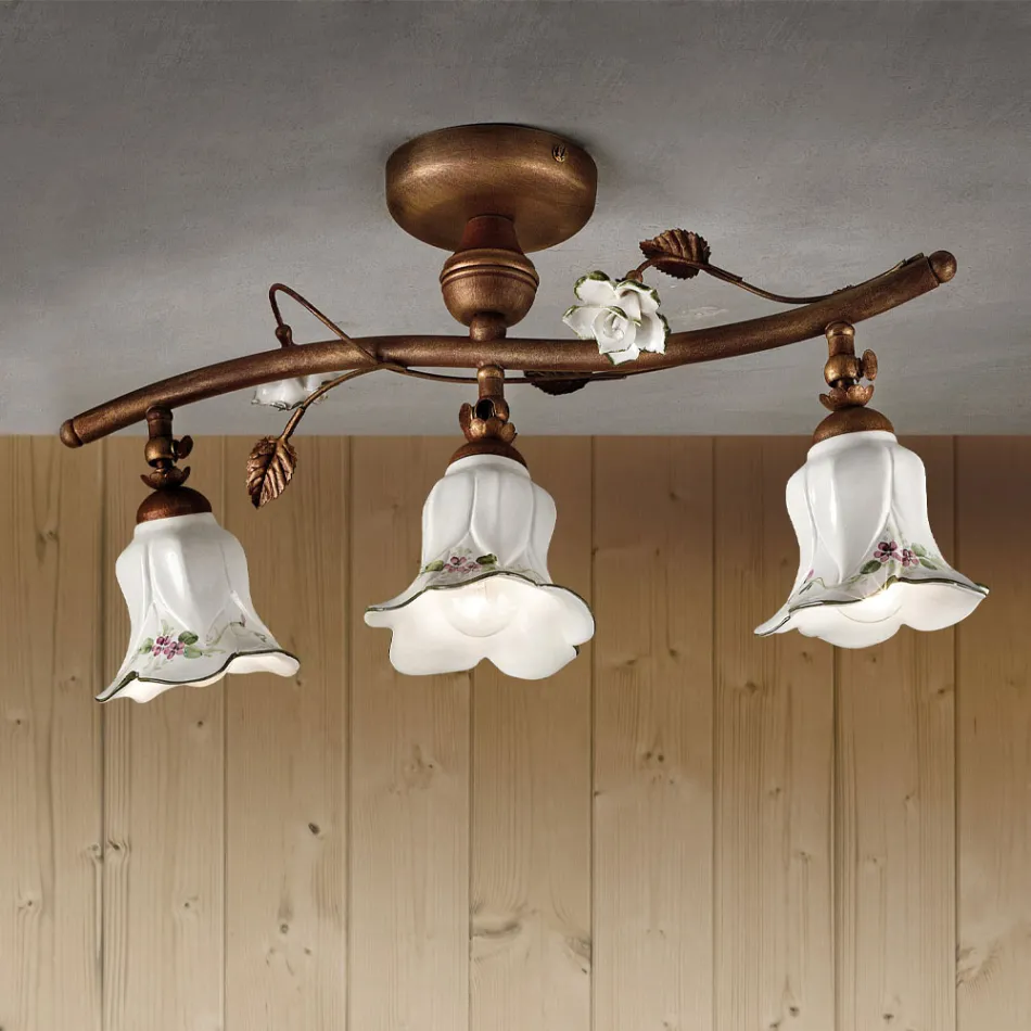 Llampa Tavani Artizane Qeramike 3 Drita me Dekorim Trëndafili - Pisa Viadurini