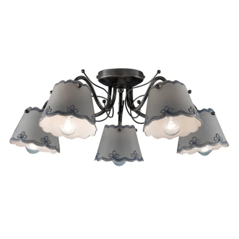 Llambë tavani me 3 ose 5 drita në qeramikë të pikturuar me dorë - qendisje - Ravenna Viadurini