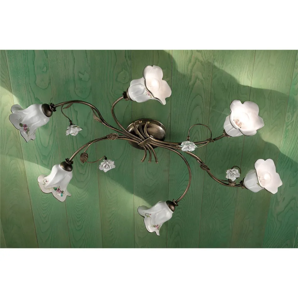 Llamba tavani me 6 drita ne Qeramike Artizanale me Trëndafila te Dekoruar - Pisa Viadurini