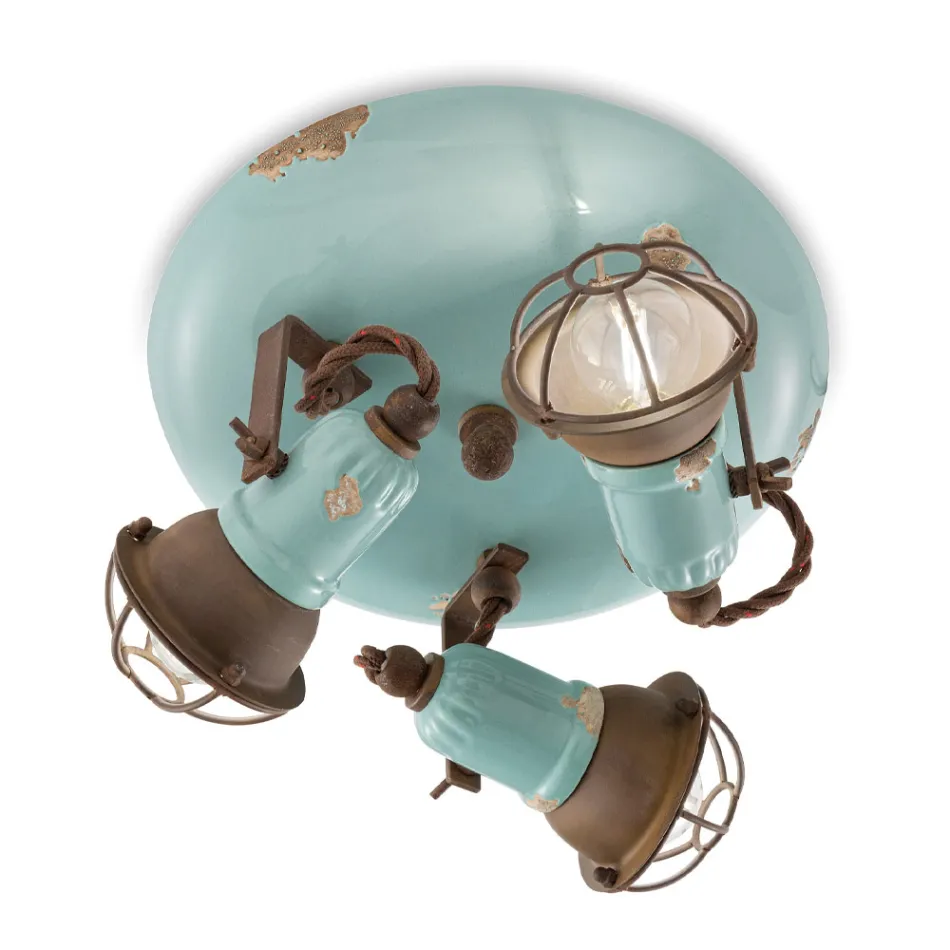 Dritë tavani industriale 3 llamba nga hekuri dhe qeramika e punuar me dorë - papafingo Viadurini